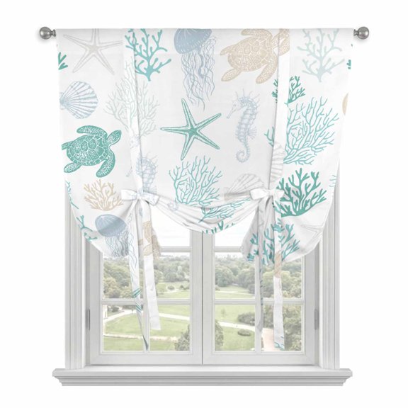 Teal Coastal Tie Up Curtains for Small Windows,Adjustable Rod Pocket Valance 45 Inch Short, Nautical Summer Beach Coral Sea Turtle Window Treatment Balloon Roman Blind Shade, 34" x 45"