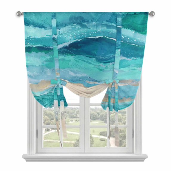 Teal Coastal Tie Up Curtains for Small Windows,Adjustable Rod Pocket Valance 45 Inch Short, Summer Beach Nautical Abstract Art Window Treatment Balloon Roman Blind Shade, 34" x 45"