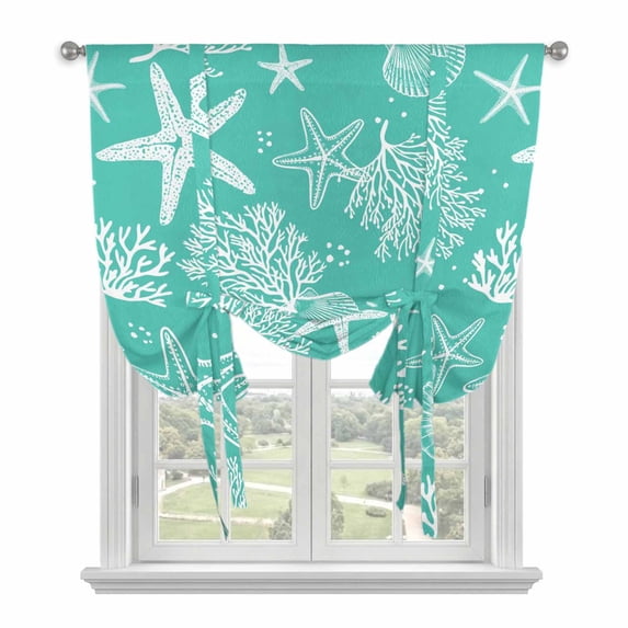 Teal Coastal Tie Up Curtains for Windows, Adjustable Balloon Window Shades, Nautical Beach Starfish Coral Summer Kitchen Window Treatments Farmhouse Short Curtains with Rod Pocket 42"x45"