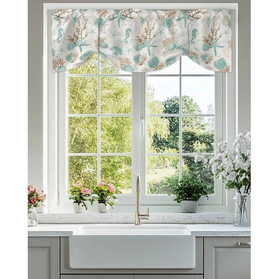 Teal Coastal Tie Up Valances Curtain, Adjustable Kitchen Starfish Shell Coral Seahorse Valances for Windows Decor, Rod Pocket Short Curtains Set for Bedroom/Bathroom, 54"x18"