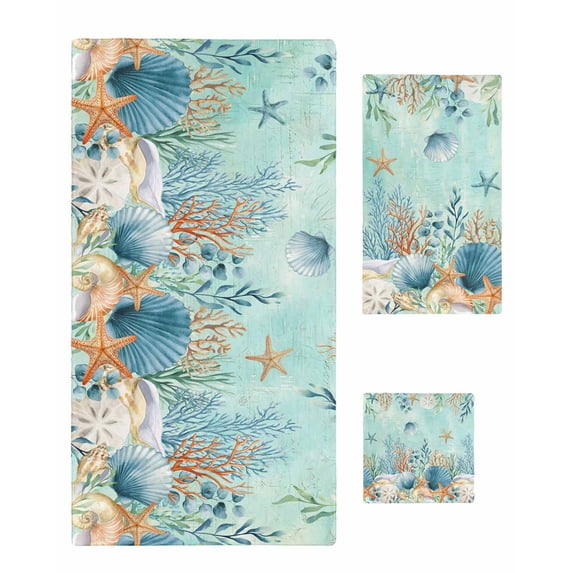 Teal Coastal Towel Set of 3, Soft Microfiber Bath Towels, Hand Towel, Washcloths, Summer Beach Starfish Shell Coral Nautical Quick-Dry Absorbent Towels for Bathroom Kitchen Hotel Beach Gym Spa