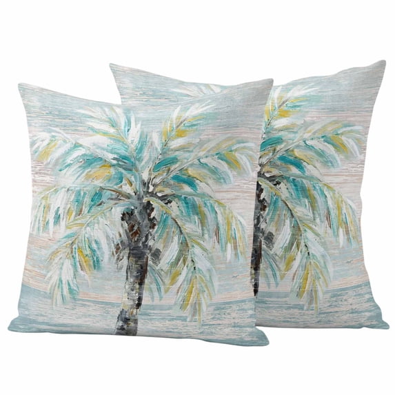 Teal Coastal Tree Outdoor Waterproof Pillow Covers, Seaside Palm Tree Tropical Botanical Decorative Square Throw Pillowcase Sofa Cushion Sham for Patio/Couch/Chair, 16"x16" 2 Pack