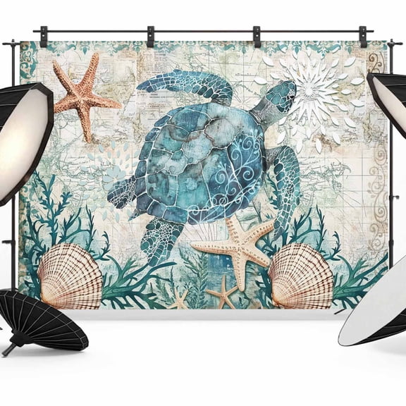 Teal Coastal Turtle Backdrop for Photoshoot,Photography Photo Studio Background Wall Backdrop,Vintage Summer Beach Nautical Coral Back Drop Banner Panel for Portraits Wedding Live Streaming 7x5Ft