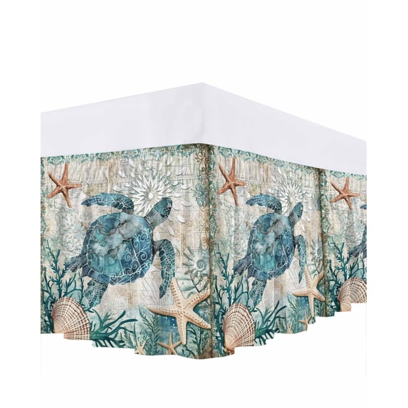 Teal Coastal Turtle Bed Skirt Queen Size, Vintage Summer Beach Nautical Coral Wrap Around Bed Skirting with Adjustable Elastic Strap, Dust Ruffle Pleated Bedskirts 16 Inch Drop for Bedroom Queen Beds