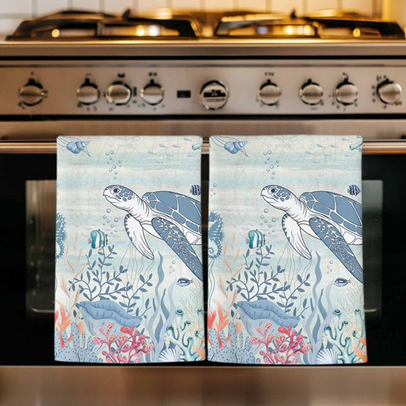 Teal Coastal Turtle Kitchen Towels Set of 1, Beach Nautical Ocean Coral Seahorse Absorbent Dish Towels for Kitchen, Microfiber Hand Towel, Quick Drying Tea Towel for Cleaning Decorative Dishcloths