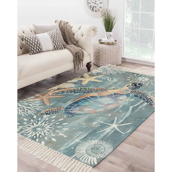 Teal Coastal Turtle Large Area Rug 4x6ft Woven Runner Rug,Nautical Ocean Starfish Coral Washable Living Room Bedroom Kitchen Bathroom Classroom Carpet with Tassels,Indoor Outdoor Throw Door Mat