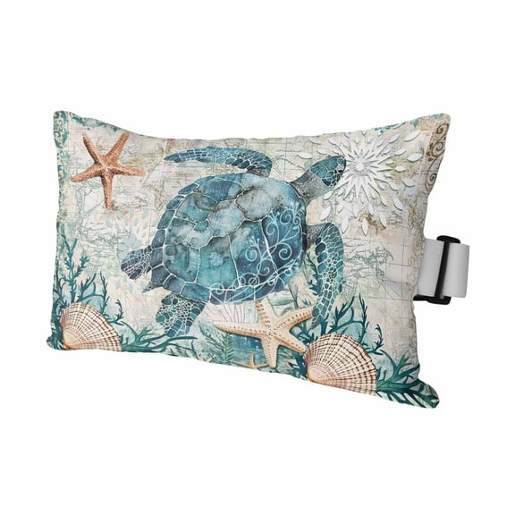 Teal Coastal Turtle Outdoor Pillows for Chaise Lounge Chair Waterproof Lumbar Pillows with Insert&Strap Beach Headrest Pillow Vintage Summer Beach Nautical Coral Pillow for Patio Pool 12"x20"