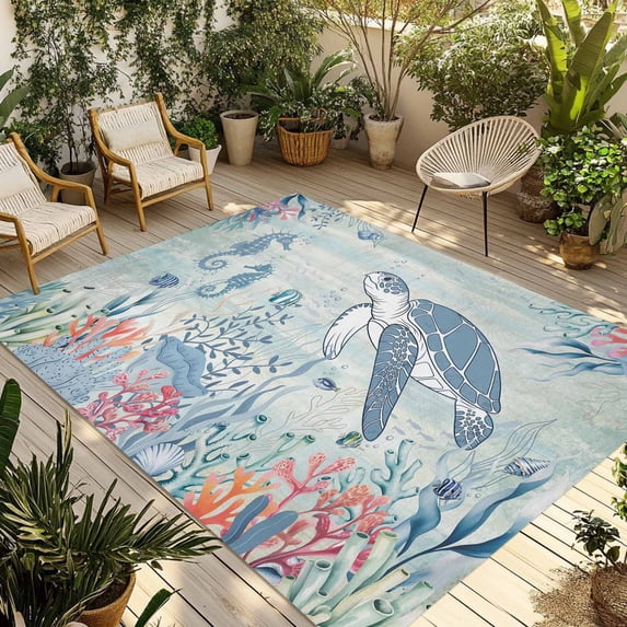 Teal Coastal Turtle Outdoor Rug for Patio/Deck/Porch, Non-Slip Large Area Rug 4 x 6 Ft, Beach Nautical Ocean Coral Seahorse Indoor Outdoor Rugs Washable Area Rugs, Camping Rug Carpet Runner