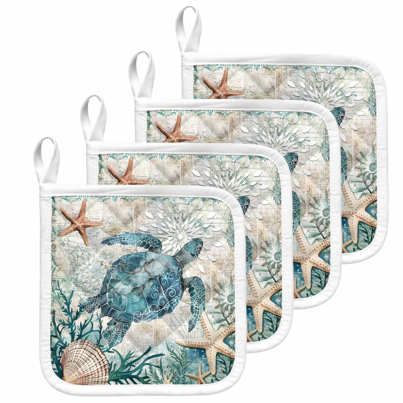Teal Coastal Turtle Pot Holders for Kitchen Heatproof Potholder, 4 Pack Vintage Summer Beach Nautical Coral Hot Pads Multipurpose Oven Pads Cloth Potholders Trivet for Cooking and Baking