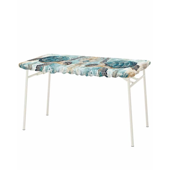 Teal Coastal Turtle Rectangle Tablecloth, Waterproof Elastic Fitted Table Covers for 8 Foot Tables, 32x96inch Decorative Tablecloths for Picnic, Camping, Outdoor, Vintage Watercolor Marine Life