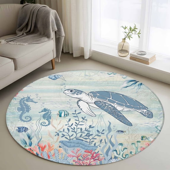 Teal Coastal Turtle Round Rug 3ft Washable Circle Entryway Rugs Non Slip Beach Nautical Ocean Coral Seahorse Area Rug Indoor Floor Carpet for Bedroom Kitchen Living Room Home Office Dining Room
