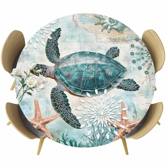 Teal Coastal Turtle Round Tablecloth 45-54 Inch Round Fitted Table Cloth with Elastic Edge, Beach Starfish Coral Nautical Sea Waterproof Table Cover Protector for Outdoor Picnic Party Dining