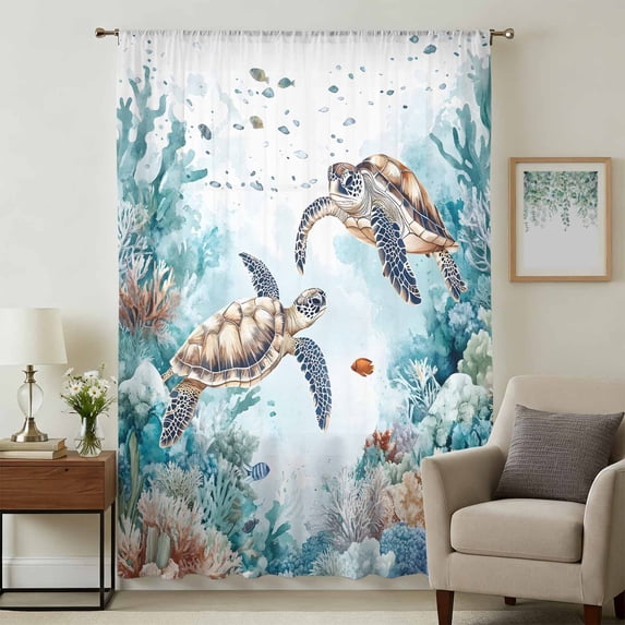 Teal Coastal Turtle Sheer Curtains 63 Inches Long, Summer Ocean Coral Light Filering Curtains, Breathable Simi Curtain Privacy Drapes for Living Room Bedroom Lightweight Window Treatment