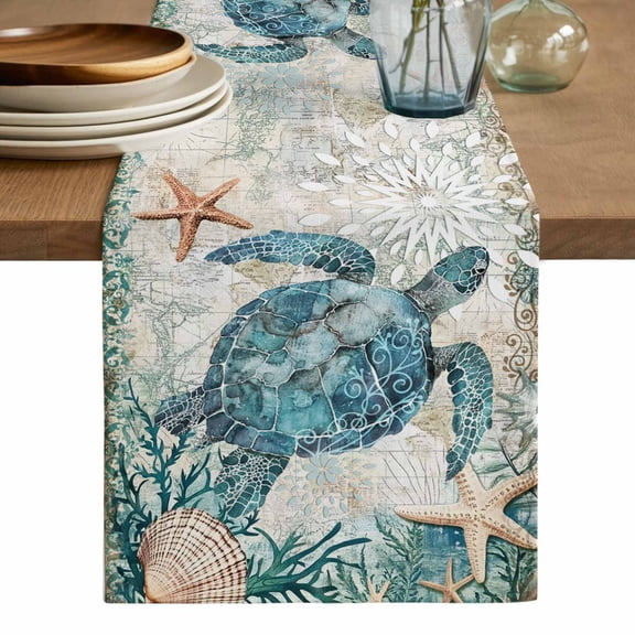 Teal Coastal Turtle Table Runner, Vintage Summer Beach Nautical Coral Washable Cotton Linen Table Runners 60 Inches Long, Dresser Scarf Runner for Coffee/TV Stands/Kitchen/Cabinets 13''x60''