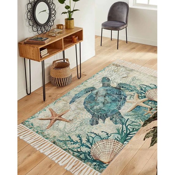 Teal Coastal Turtle Washable Area Rug 3'x5', Vintage Summer Beach Nautical Coral Woven Cotton Tassels Kitchen Rugs, Non Slip Indoor Door Mat Throw Carpet for Entryway Living Room Nursery Laundry Room