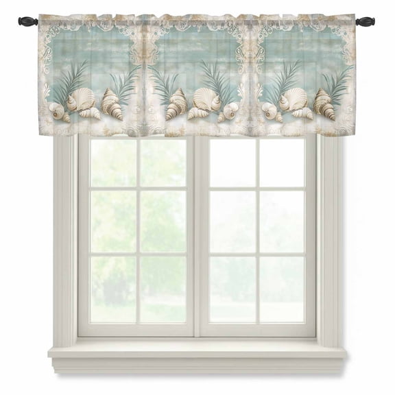 Teal Coastal Valance Curtains for Kitchen/Living Room/Bathroom/Bedroom Window, Rod Pocket Small Topper Half Short Window Curtains Voile Sheer Scarf, Vintage Ocean Beach Shell Nautical 42"x12"