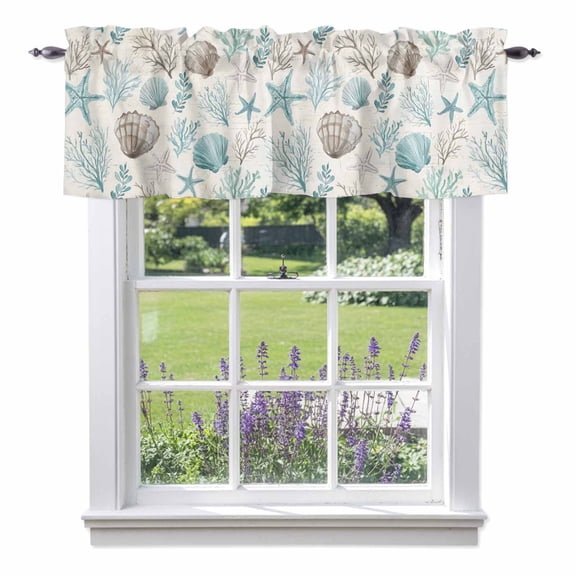 Teal Coastal Valances for Windows Summer Starfish Shell Coral Nautical Retro Rod Pocket Cafe Window Treatments Valance Curtains for Kitchen Bathroom Laundry Basement Windows 42"x18"