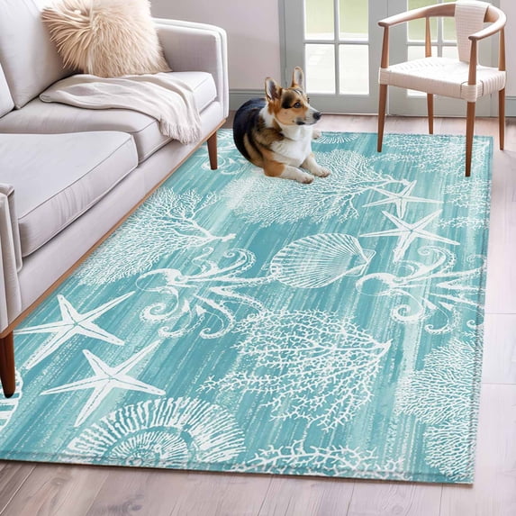 Teal Coastal Washable Area Rugs 2.7'x5', Nautical Starfish Octopus Coral Summer Low Pile Throw Living Room Rug Non-Slip Sturdy Edge Binding Carpet for Indoor Entryway Bedside Kitchen
