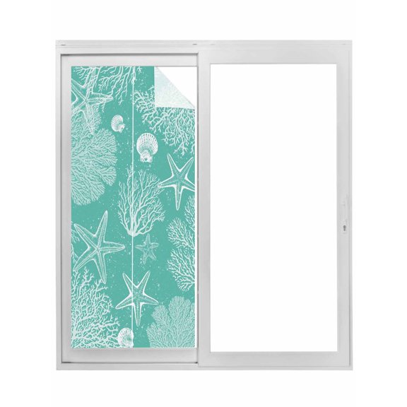 Teal Coastal Window Privacy Film, Starfish Coral Summer Beach Ocean Static Cling UV Sun Blocking Tint Film Heat Control Windows Films for Bedroom Bathroom, Window Stickers 17.7"x39.3"