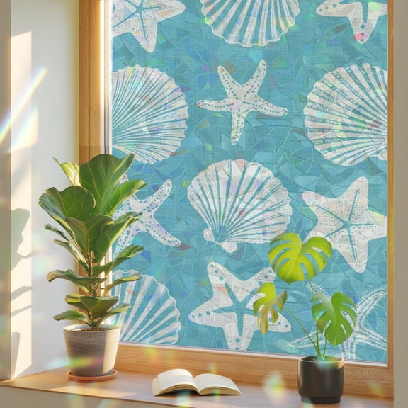 Teal Coastal Window Privacy Film, Starfish Shell Ocean Nautical Stained Glass Rainbow Film Decorative Window Clings, Static Cling Sun Blocking Stickers 23.6" x 59"