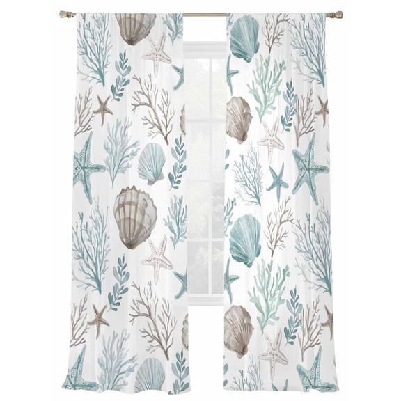 Teal Coastal Window Sheer Curtain Summer Starfish Shell Coral Nautical Semi Curtain Sheers Light Filtering Rod Pocket Voile Drapes for Bedroom Kitchen Living Room 52 X 96 Inch, 2 Panels