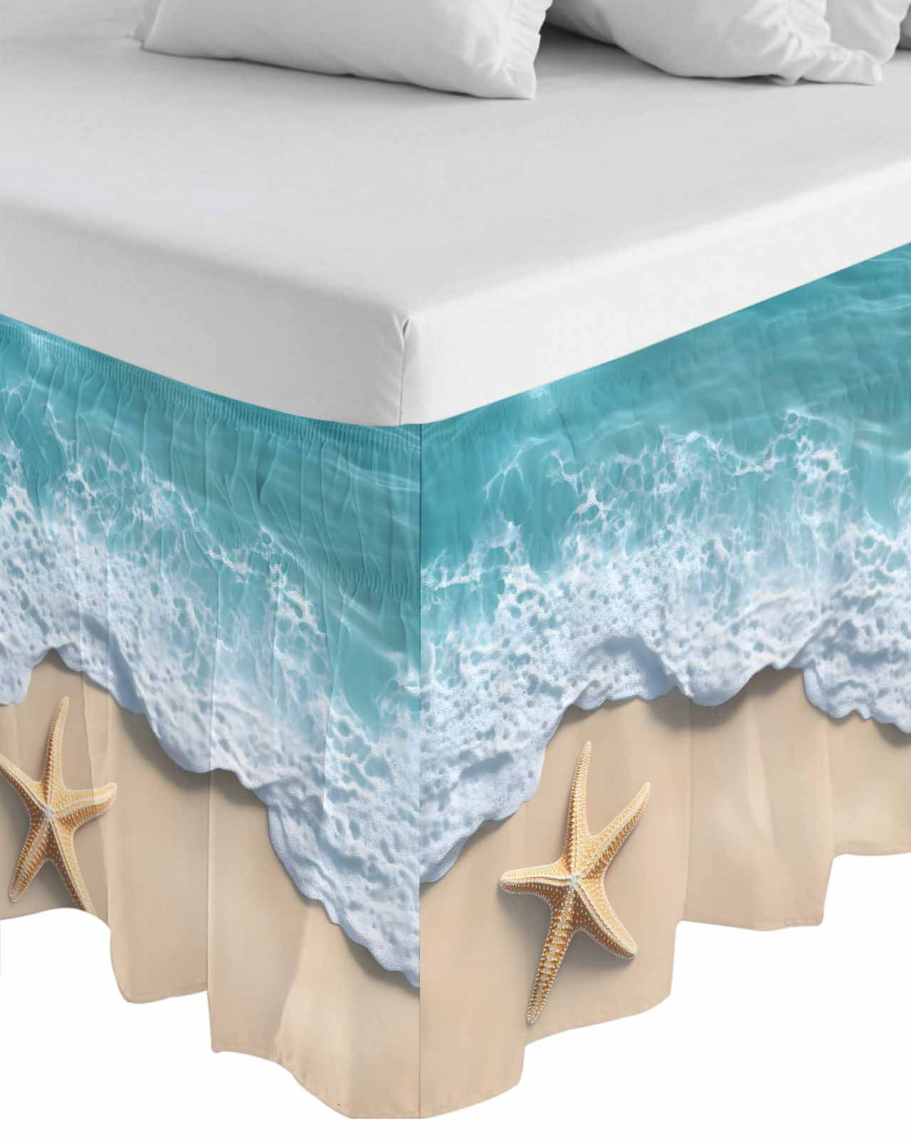 Teal Coastal Wrap Around Bed Skirts for King Bed 18" Drop,Bed Skirt with Adjustable Elastic Belt Dust Ruffle Bed Valance for Bedroom Hotel Summer Beach Starfish Nautical Seaside Bed Frame Cover