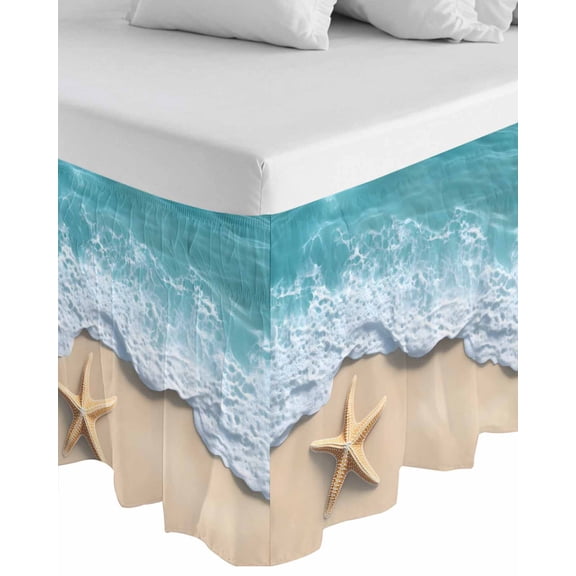 Teal Coastal Wrap Around Bed Skirts for King Bed 18" Drop,Bed Skirt with Adjustable Elastic Belt Dust Ruffle Bed Valance for Bedroom Hotel Summer Beach Starfish Nautical Seaside Bed Frame Cover