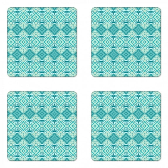 Teal Coaster Set of 4, Abstract Geometric Pattern in Vintage Floral Design Historic Architectural Ornament, Square Hardboard Gloss Coasters, Standard Size, Teal Beige, by Ambesonne