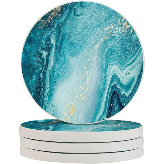 Teal Coasters for Drinks Absorbent Stone Coasters Set of 4, Turquoise Coasters for Coffee Table, Teal Table Top Decor Housewarming Gift