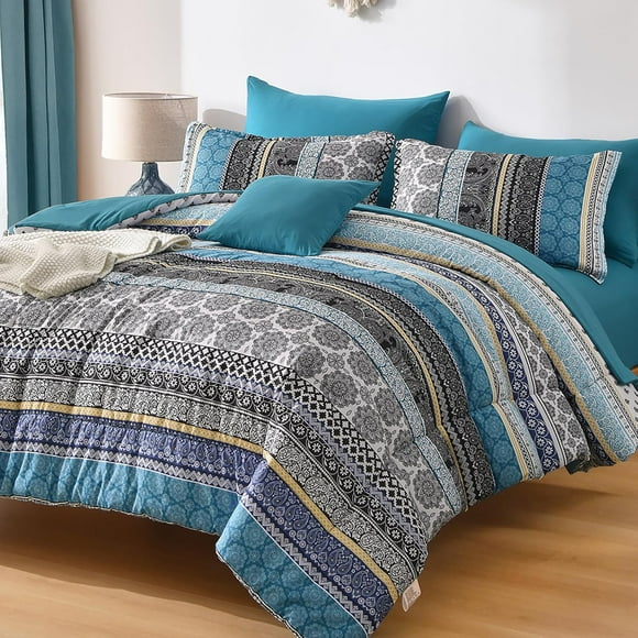 Teal Comforter Set King Size,Boho Striped Bed in a Bag 8 Pieces,Paisley Soft Microfiber Bedding Comforter Set