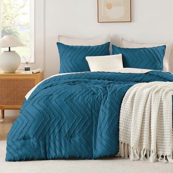 Teal Comforter Set Queen Size, Boho Soft Warm Tufted Bedding Comforter Sets for Queen Size Bed, 3 Pieces Aesthetic Chevron Farmhouse Cute Bohemian Textured Bed Set