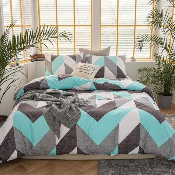 Teal Comforter Set RV Camping Car  Gray and Turquoise Bedding Set Modern Geometric Chevron Duvet Insert 3 Pcs Western Bedding Comforter Set Soft Lightweight Down Alternative Bed Set for All Season