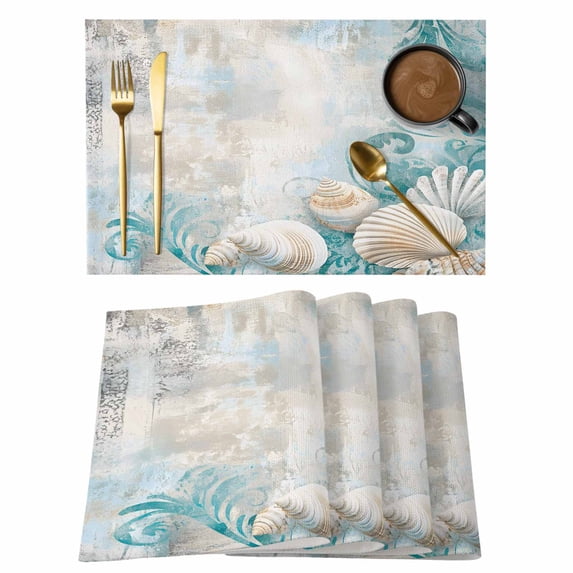 Teal Conch Coastal Placemats Set of 4 Summer Beach Nautical Seaside Place Mats Indoor Wipeable Table Mats Washable Cloth Dining Table Placemats for Kitchen Holiday Party Home Decor 13x19 Inch