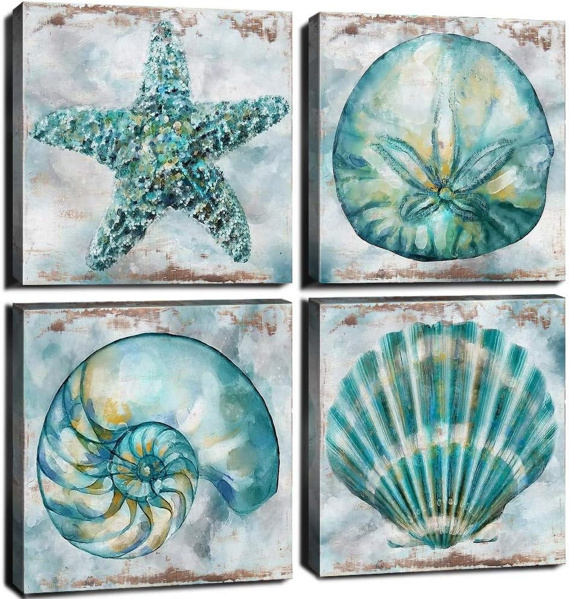 Teal Conch Shell Canvas Wall Art Bathroom Decor Rustic Watercolor ...
