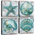 thumbnail image 1 of Teal Conch Shell Canvas Wall Art Bathroom Decor Rustic Watercolor Starfish Prints Pictures Vintage Beach Laundry Painting Poster 4 Pcs Set Modern Theme Framed Artwork Bedroom Home Decoration 14x14, 1 of 6