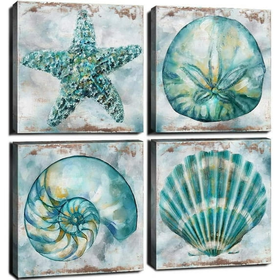 Teal Conch Shell Canvas Wall Art Bathroom Decor Rustic Watercolor Starfish Prints Pictures Vintage Beach Laundry Painting Poster 4 Pcs Set Modern Theme Framed Artwork Bedroom Home Decoration 14x14