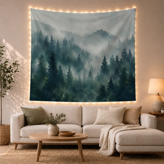 Teal Conifers Across Tiered Ridges and Drifting Fog, Serene Digital Art for Nature Lovers, Forest Atmosphere Decor, New Home Gift, Tapestry Wall Hanging for Bedroom and Studio