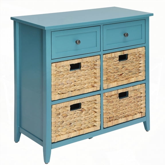 Teal Console Table Boasting Six Storage Drawers and Basket-Style Fronts