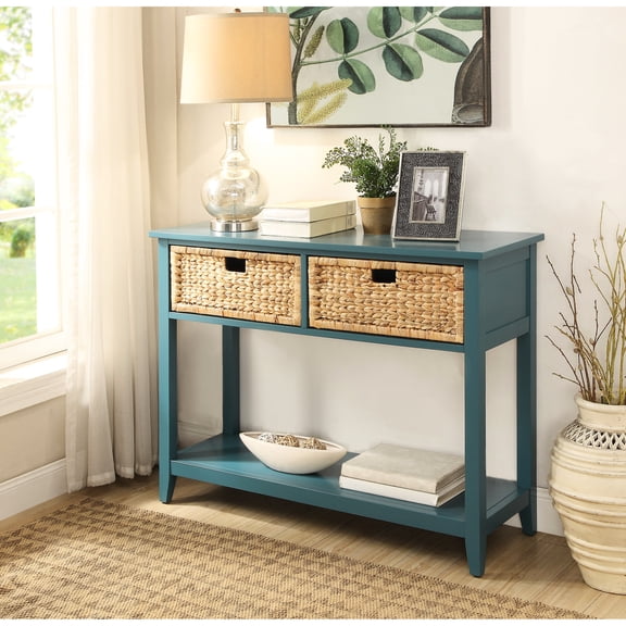 Teal Console Table With Rectangular Shape, 2 Drawers And Bottom Shelf For Storing Sports Equipment In Basket Front Electronics