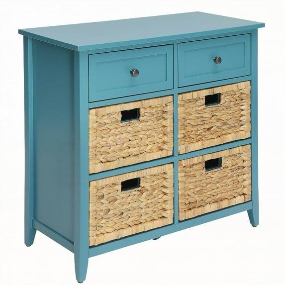 Teal Console Table with 6 Drawers & Basket-Front Design | Sturdy Wood Frame