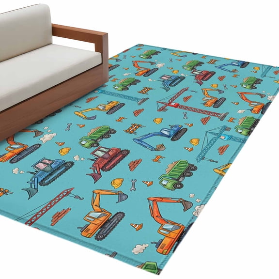 Teal Construction Vehicle Area Rug 4x6 Washable Rug Non Slip Modern Excavator Crane Large Area Rug Indoor Floor Carpet for Entryway Bedroom Kitchen Living Room Home Office Dining Room Nursery