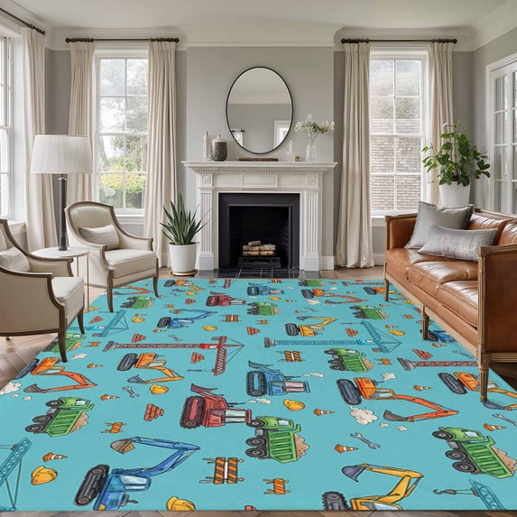 Teal Construction Vehicle Area Rugs 5'x7', Washable Small Throw Rugs for Laundry Room Playroom, Modern Excavator Crane Indoor Outdoor Rug Non-Slip Low Pile Carpet Runner Reversible Floor Mats