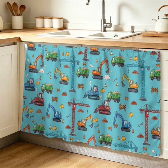 Teal Construction Vehicle Cabinet Curtains for Shelves, Modern Excavator Crane Privacy Curtain for Closet Self Adhesive, Dust-Proof Drapes for Closet Storage Room Classroom Doorway, 32"W x 55"L