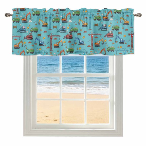 Teal Construction Vehicle Kitchen Valances for Windows 42x12 Inch Kitchen Curtains Valances Rod Pocket Modern Excavator Crane Bathroom Window Valances for Window Treatment Decor