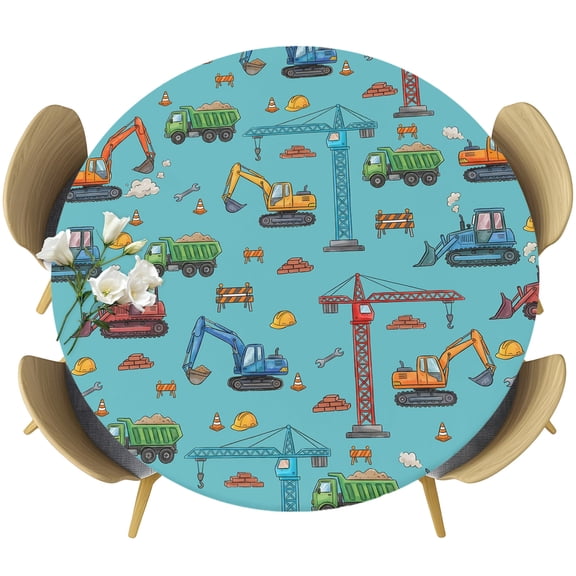 Teal Construction Vehicle Round Tablecloth 36-44 Inch Round Fitted Table Cloth with Elastic Edge, Modern Excavator Crane Waterproof Table Cover Protector for Outdoor Picnic Party Dining