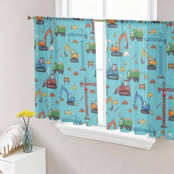 Teal Construction Vehicle Sheer Curtains 54 Inch Length 2 Panels Set, Modern Excavator Crane Voile Window Treatment Rod Pocket Short Kitchen Curtains Drapes for Bedroom 52"x54"x2
