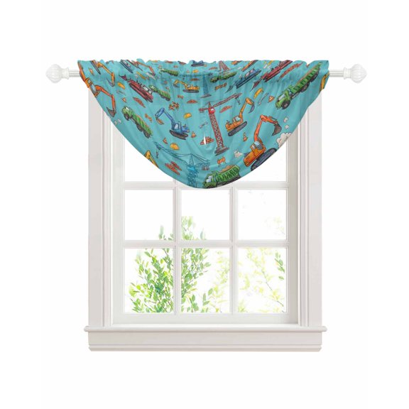 Teal Construction Vehicle Sheer Waterfall Valance Curtains for Window, Modern Excavator Crane Rod Pocket Sheer Topper Swag Curtains for Living Room, Kitchen 38.5"W x 47.2"L, 1 Panel