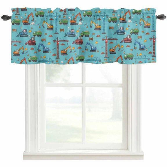 Teal Construction Vehicle Valances for Windows Farmhouse Kitchen Curtains Valances Rod Pocket Valance Curtains for Kitchen Windows Modern Excavator Crane Window Valances for Bathroom Bedroom 42"x12"