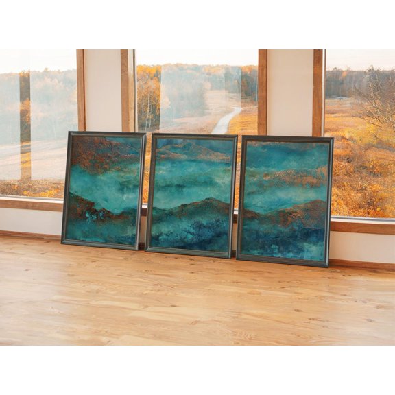 Teal Copper Horizon Wall Art Print Set Of 3, Oxidized Metal Rustic Patina Decor