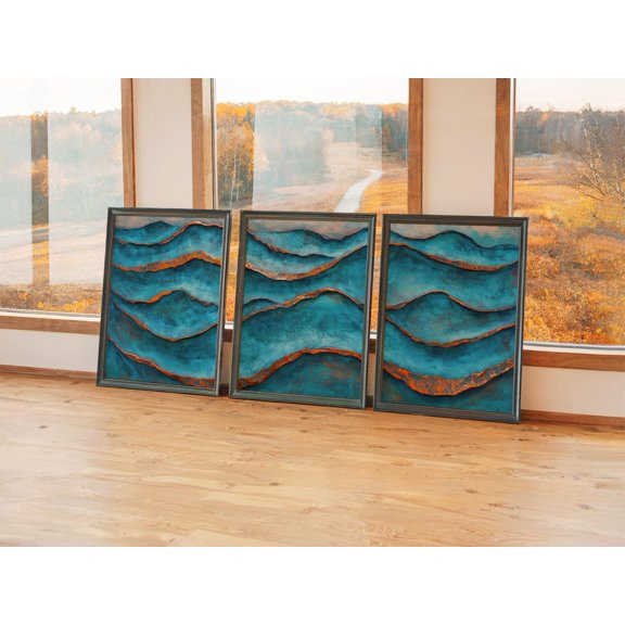 Teal Copper Seascape Prints Set Of 3, Oxidized Metal Wave Wall Art